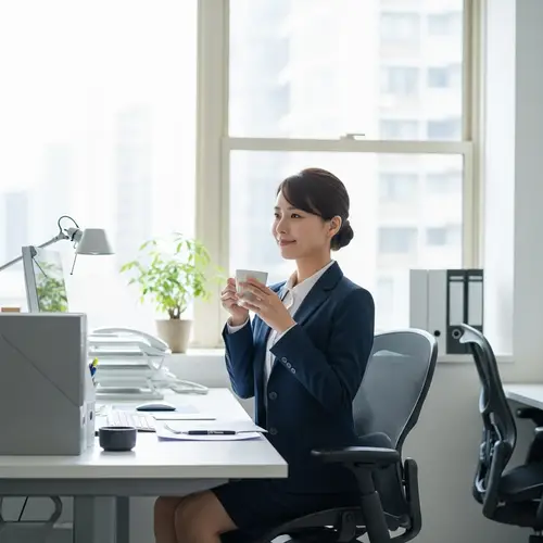 Office Worker Enjoying Coffee Break in Modern Workspace