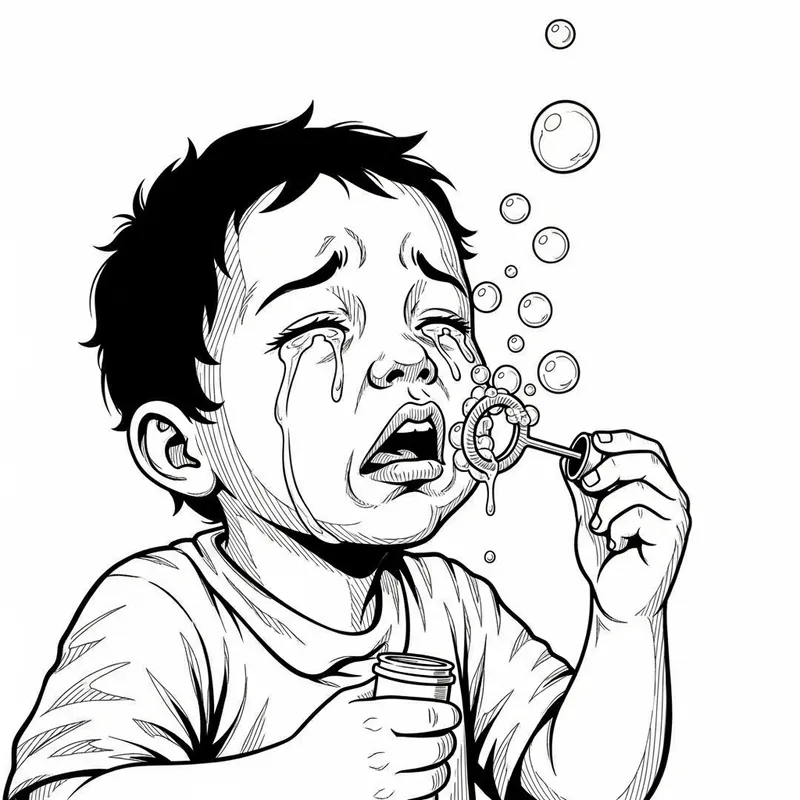 Comic-Inspired Black and White Illustration of a Child Blowing Bubbles with Grieving Expressions Comic-Inspired Black and White Illustration of a Child Blowing Bubbles with Grieving Expressions
