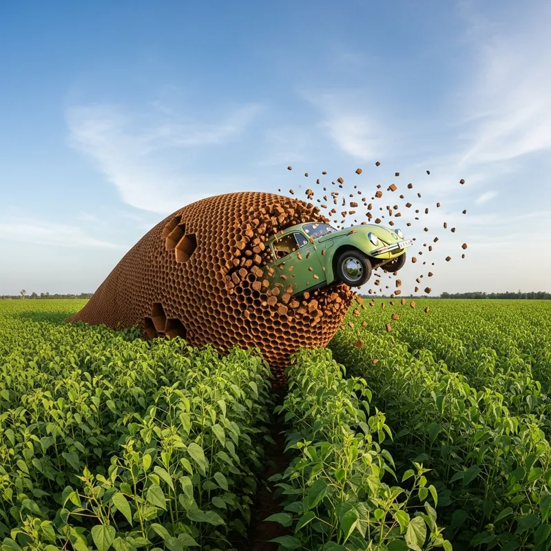 Emerging Green Car from Brown Honeycomb amidst Green Jute Plantation
