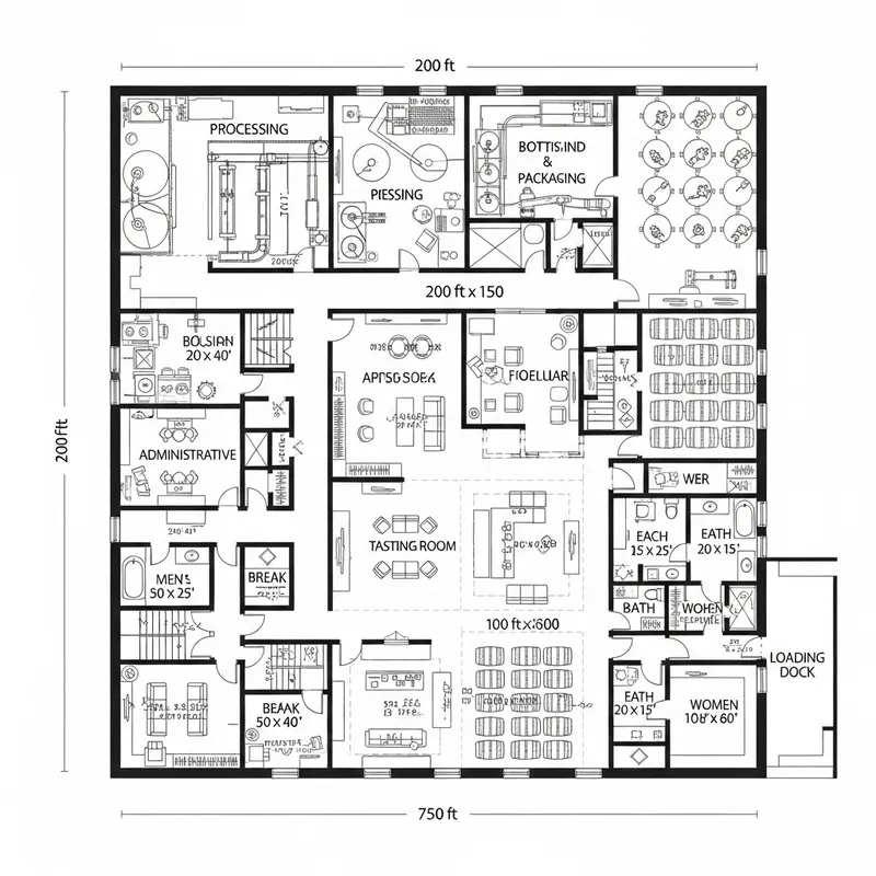 Detailed Black and White Wine Factory Floor Plan