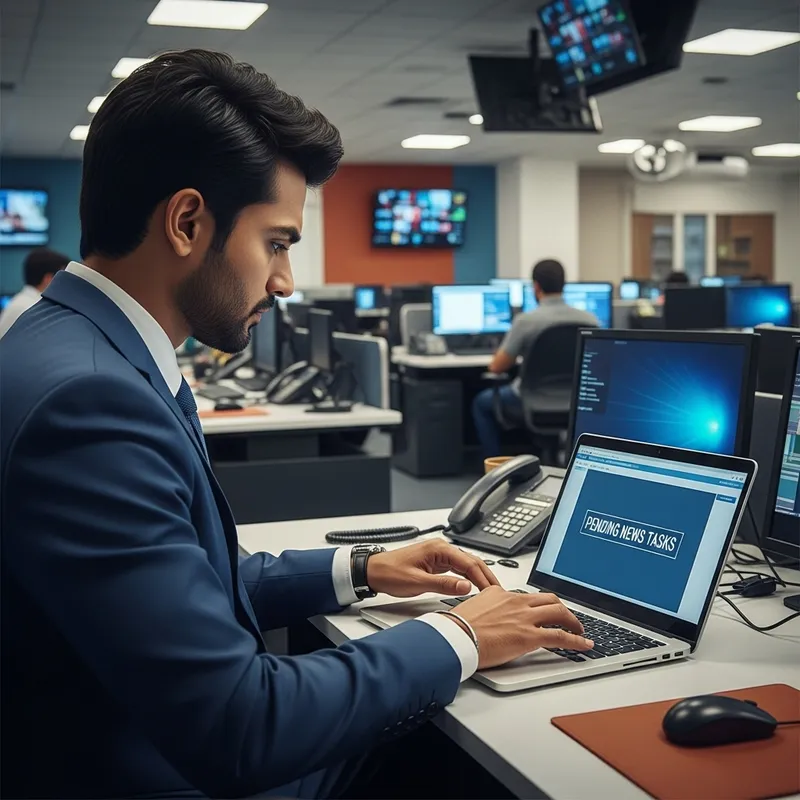 South Asian Businessman in Vibrant Newsroom Scene