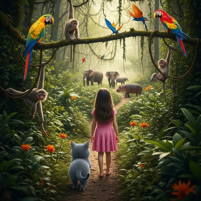 Hyperrealism Jungle Encounter with Girl and British Shorthair Cat Hyperrealism Jungle Encounter with Girl and British Shorthair Cat