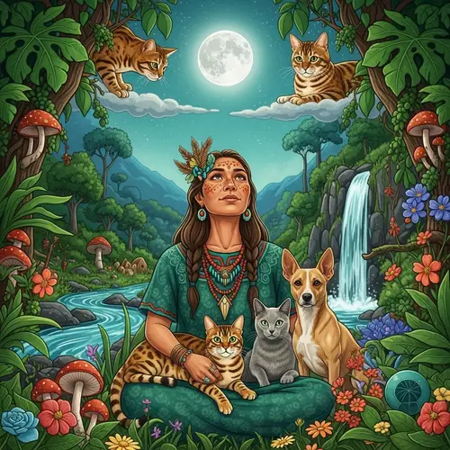 Golden Bengal Cat and Shaman Woman in Harmonious Nature Setting