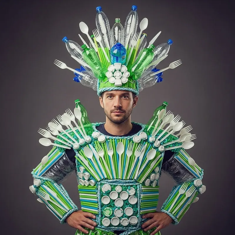 Eco-Friendly Man's Costume from Recycled Plastic & Cutlery Eco-Friendly Man's Costume from Recycled Plastic & Cutlery