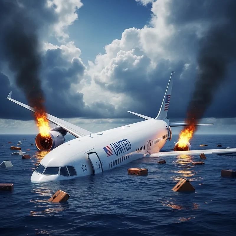 White Plane with USA Flag in Dense Clouds: Crash Scene in Blue Ocean