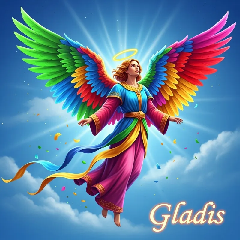 Beautiful Multicolored Angel Gladis Soaring in Radiant Blue Sky