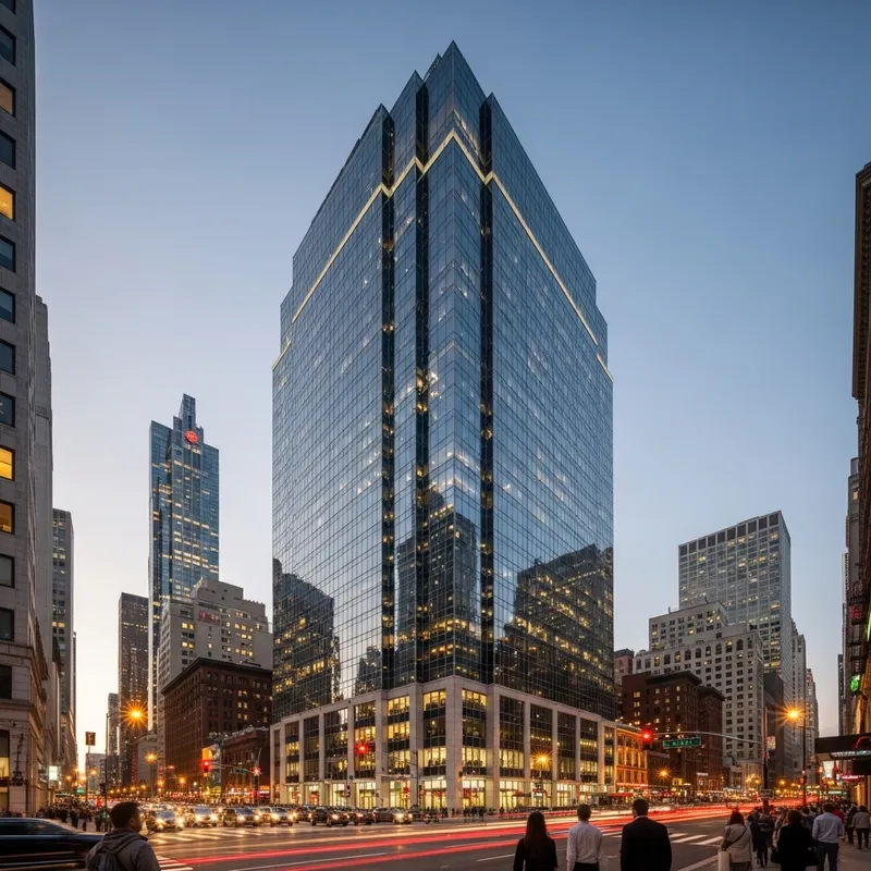 Vibrant Cityscape with Modern Glass Office Building