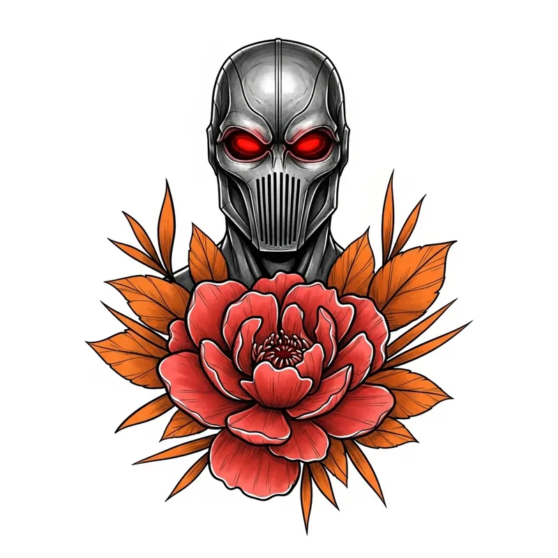 Realism Predator Tattoo: Glowing Eye Sockets & Red Flower