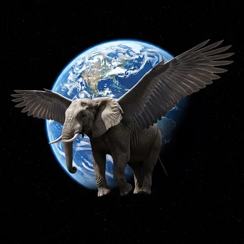 Majestic Elephant with Feathered Wings Soaring in Cosmic Space