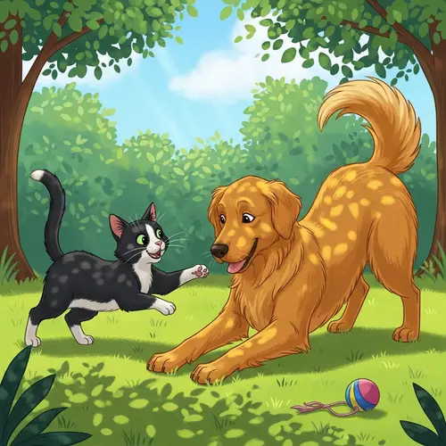 Playful Scene: Cat and Dog Interaction in Sunny Backyard