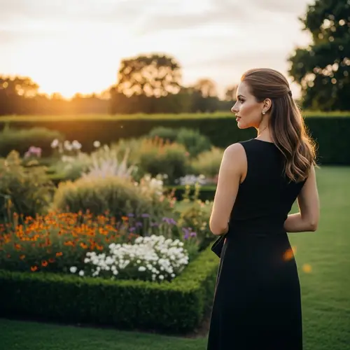 Sophisticated Woman in Classy Attire | Golden Sunset Garden View