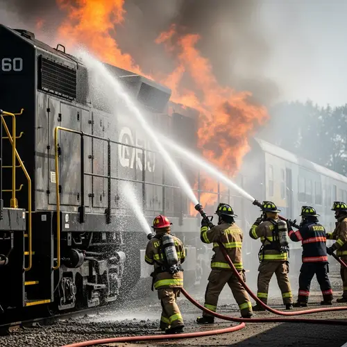 Firefighters extinguishing fire on modern train locomotive