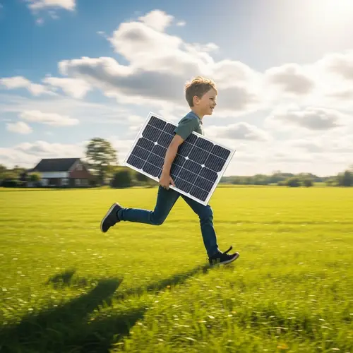 Cheerful Caucasian Boy Running with Solar Panel in Green Countryside Field