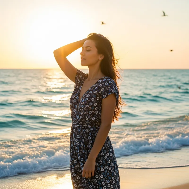 Beautiful Girl Next to Tranquil Beach Sunset