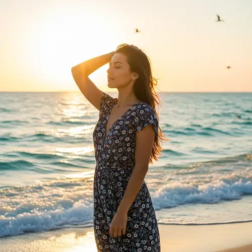Tranquil Beach Sunset with Hispanic Woman