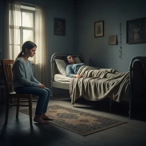 Distraught Young Girl Beside Ill Mother in Dimly Lit Room