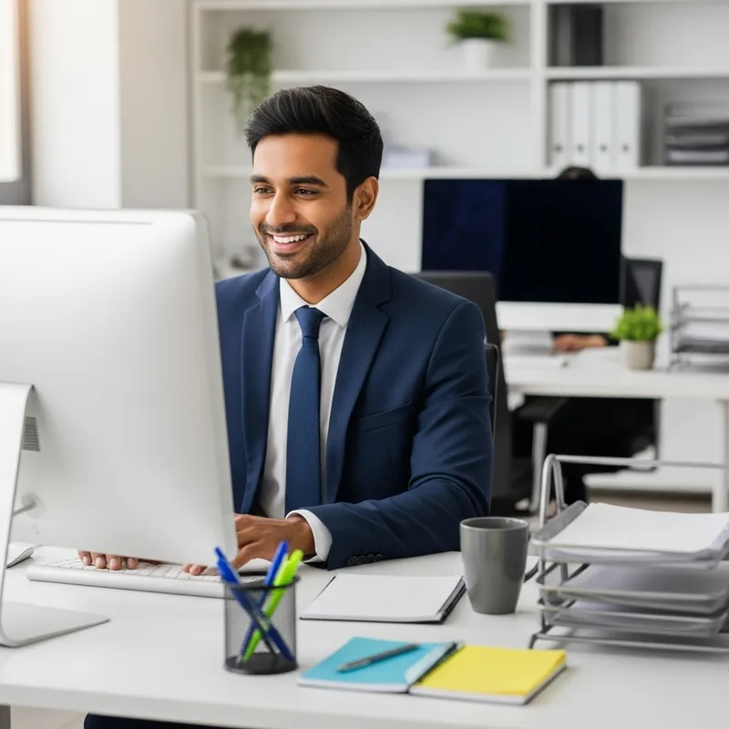 Happy South Asian Businessman at Office Desk