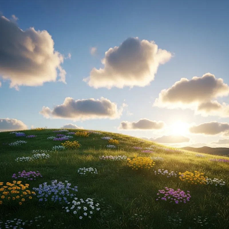Lush Hill with Blossoming Pastures and Sunrise Sky Lush Hill with Blossoming Pastures and Sunrise Sky