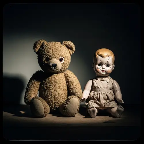 Ominous Teddy Bear and Doll Scene in Vintage Style