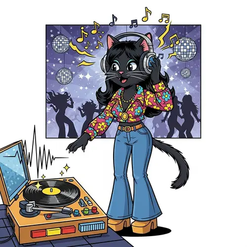 1970s Fashion Feline Grooving to Disco Music | Comic Style