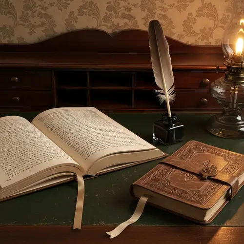 Vintage Desk Scene: Antique Wooden Desk with Open Book and Quill