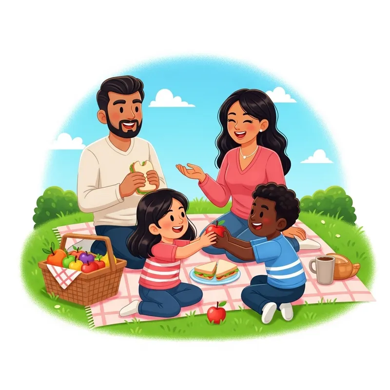 Beautiful Family Picnic Cartoon with Warm & Cozy Atmosphere