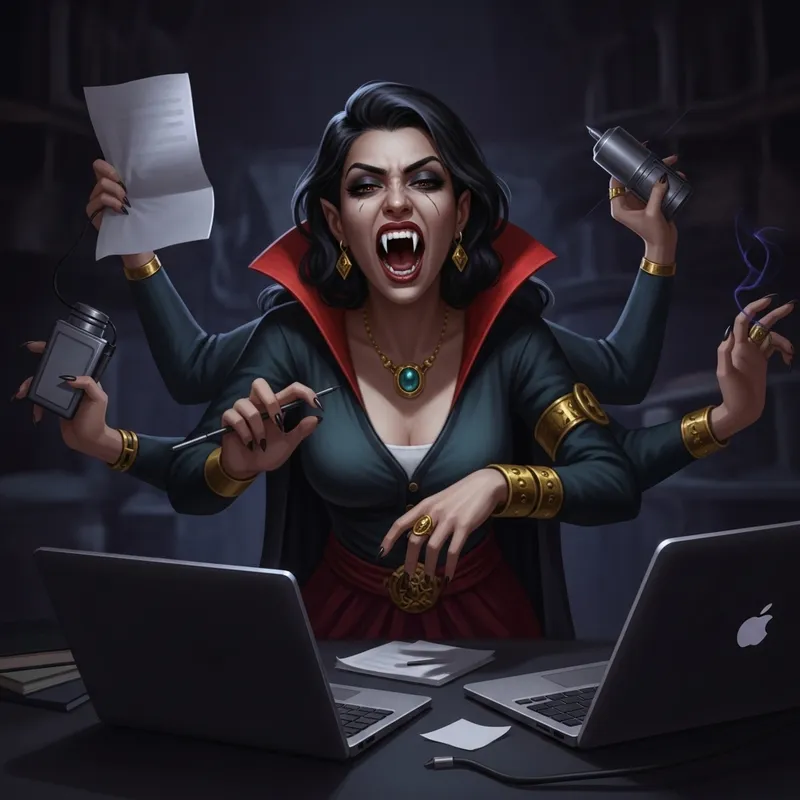 Busy Vampire Woman with Dark Hair and Fangs