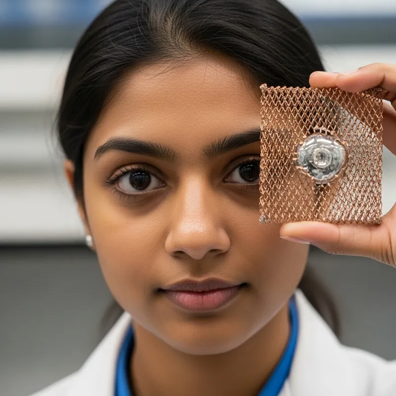 Female Scientist with Copper Micromesh in Laboratory