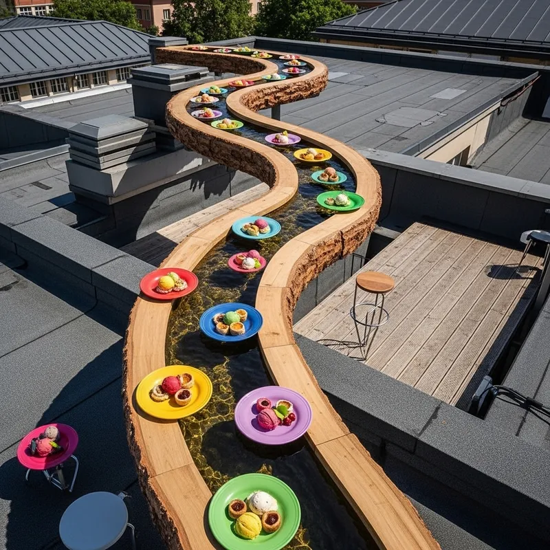 Colorful Sorbet Plates on Artistic Wooden Canal Table