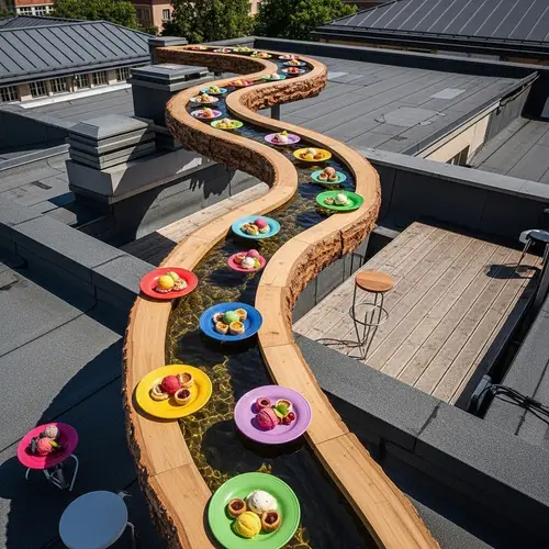 Vibrant Sorbet Plates on Unique Wooden Canal Table