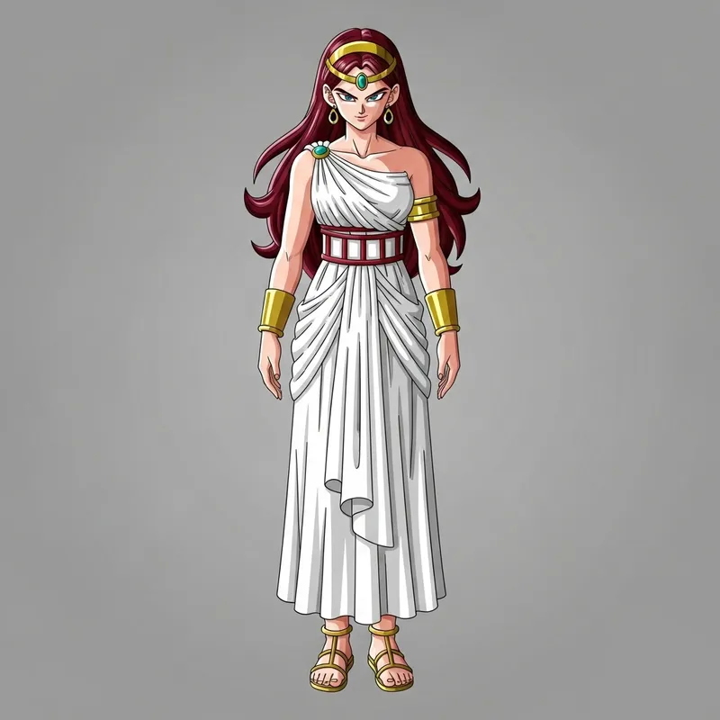 Saiyan Queen with Long Dark Red Hair, Diadem, and Greek-style Dress