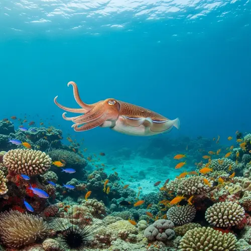 Diverse Marine Life in Deep Ocean: Cuttlefish and Vibrant Reef