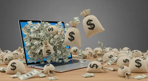 Money Bags Bursting from Laptop Screen - Crazy 3D Visual