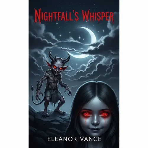 Eerie Book Cover Design with Impish Creature and Little Girl with Red Eyes
