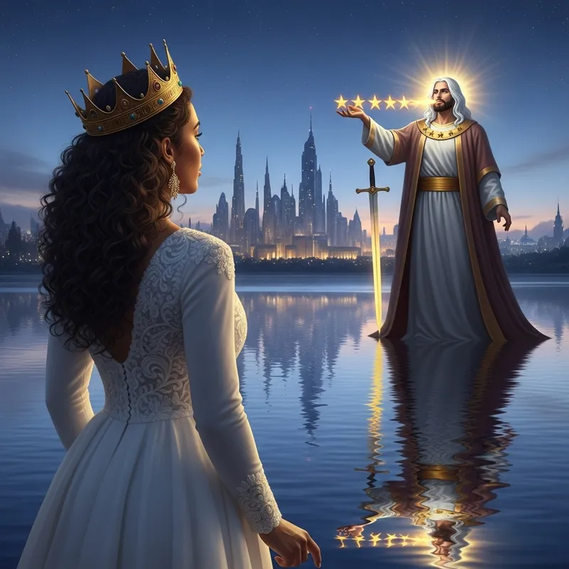 Elegant White Gown on Radiant Black Woman by Glowing Water