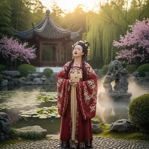 Passionate Hanfu Singer in Ancient Oriental Garden