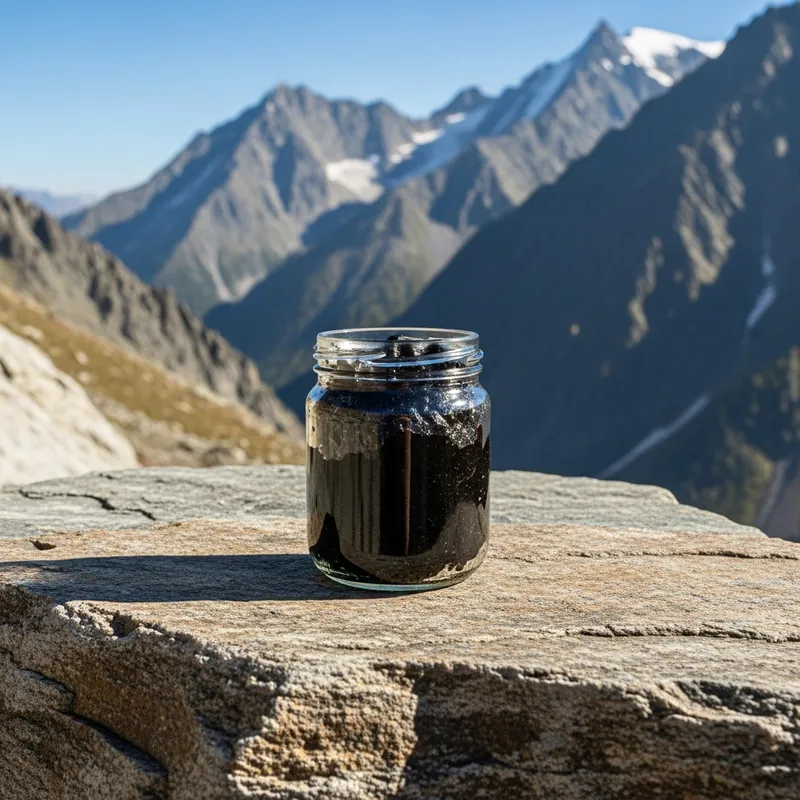 Black Shilajit Jar on Rock Table in Mountains with Resin