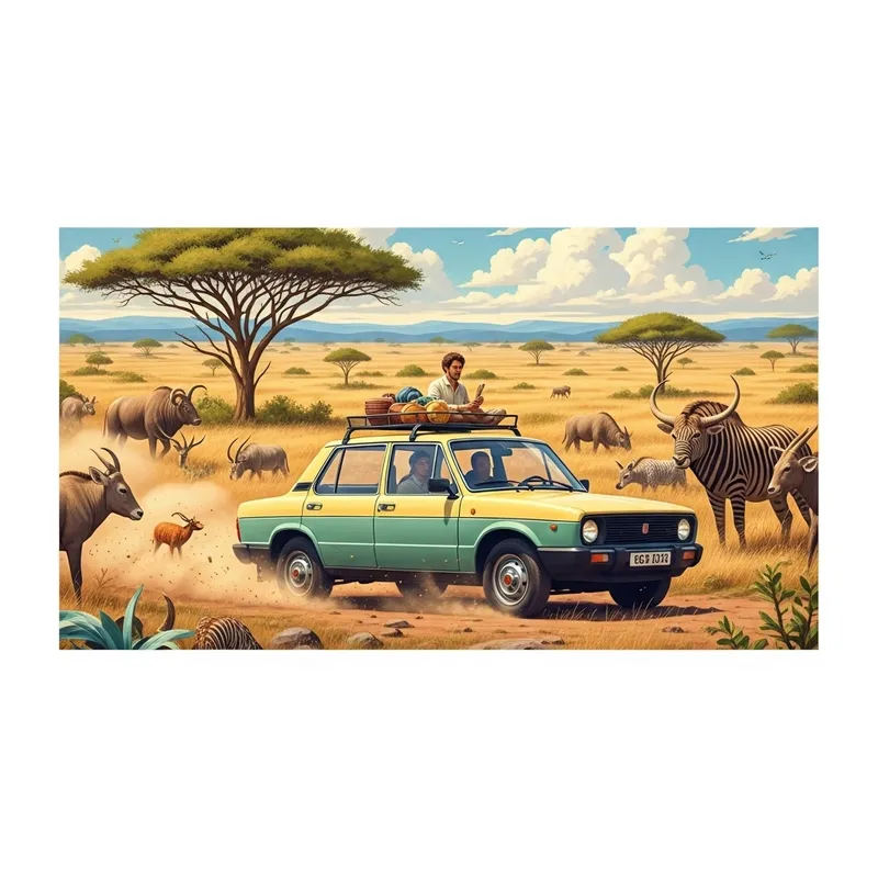 Vintage Fiat Safari Amidst African Wildlife Adventure in Colorful Retro Poster Style