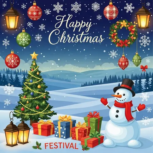 Festive Christmas Postcard with Snowman and Lanterns