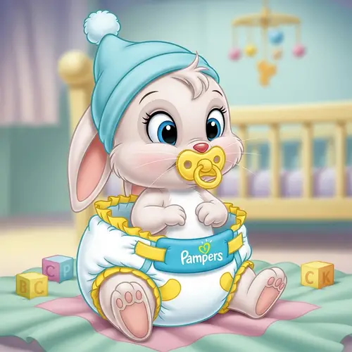 Animated Bunny in Baby Pampers, Hat & Pacifier - Cute Cartoon