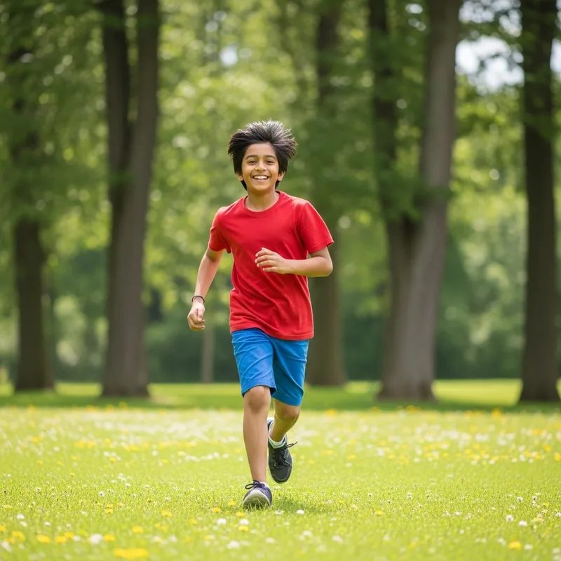 Energetic Teen Boy Running Through Sunlit Field