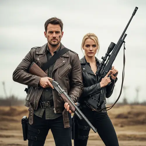 Post-Apocalyptic Duo: Rugged Man with Shotgun & Blonde Sniper Woman