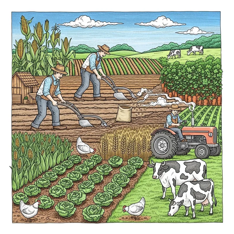 Detailed Doodle of Farmer and Agricultural Activities Detailed Doodle of Farmer and Agricultural Activities