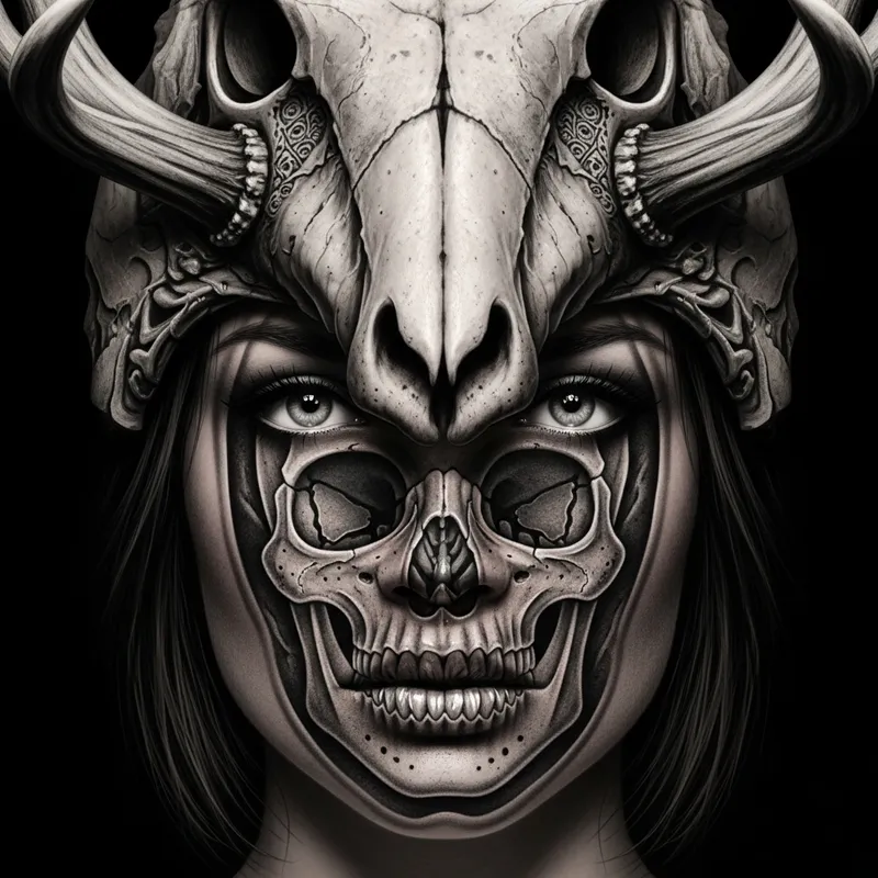Woman's Face with Skull and Animal Head Helmet Realism Blackwork Tattoo
