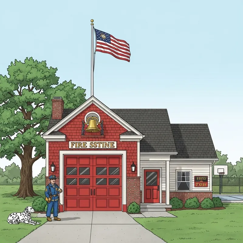 Classic Firehouse with Red Door and Brass Bell