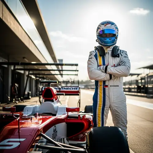 Professional Formula Racing Driver in White Suit and Blue Helmet