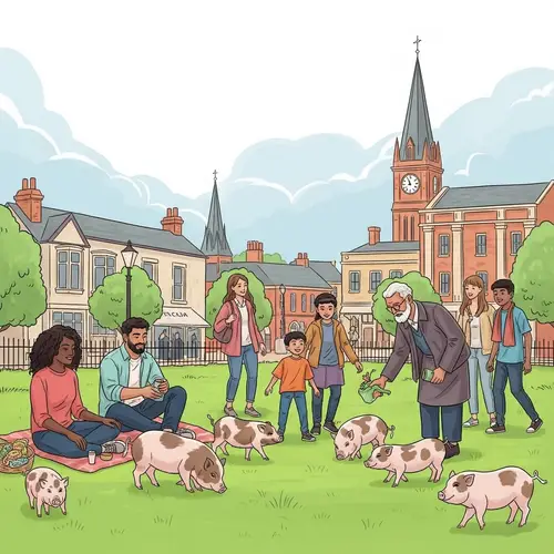 Quaint Countryside City with Playful Mini Pigs and Diverse Community
