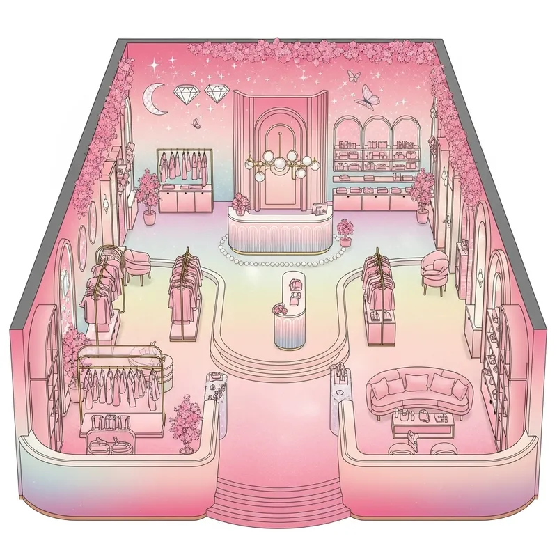 Luxurious Mermaid-Inspired Clothing Store with Peach-Pink Ombre Effect