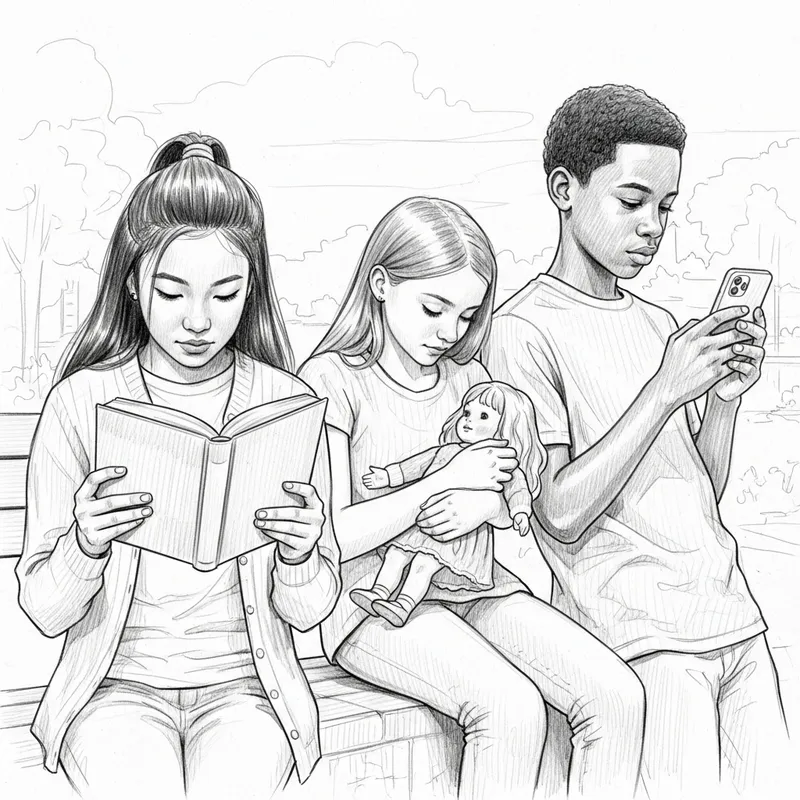 Pencil Sketch of Diverse Teenagers Engaged in Activities