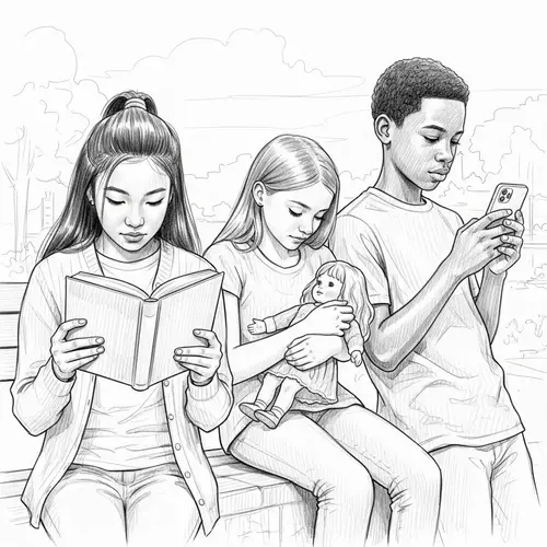 Pencil Sketch of Diverse Teenagers Engaged in Activities